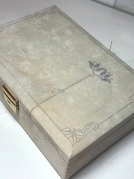 Art Deco Design Phillip Jewelry Box , Gray Velvet With Pink Interior