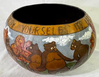 Carved And Decorated Dancing Bear Family Gourd Bowl Large