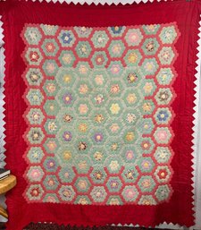 Large Hand Stitched Vintage Quilt With Red Scalloped Edges