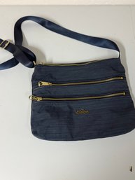Dark Blue Kipling Alvar Crossbody Bag W/ Triple Zip Compartments And Gold Hardware.