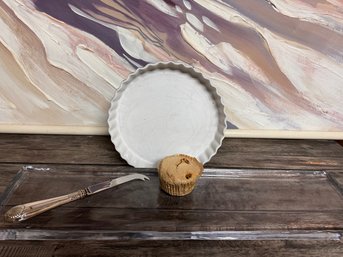 2 Feet Long And Heavy Glass Charcuterie Tray With French Tart Pan And Cutting Knife And Muffin!