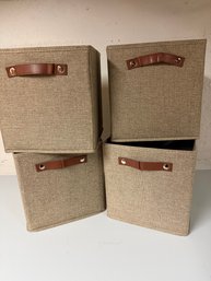 Storage And Organization Brown Tweed Bins. Set Of 4 W/ Leather-look Handles