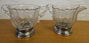 Vintage Etched Glass Creamer And Sugar With Sterling Silver Bases