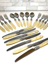 Vtg Pearlized Ivory Flatware With Ornate Siver Band