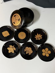 Fabulous Japanese Lacquerware Coaster Set With Gold Family Crest Designs
