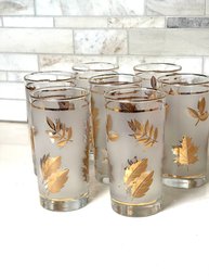 Mid Century Modern Libbey Frosted Gold Leaf Foilage Glassware