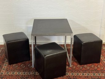 Metal Table With 3 Faux Leather Ottomans / Stools
