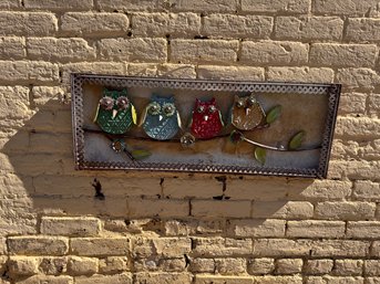 Four Framed Metal Owls In A Row