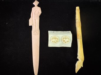 Old Stock Bone Carved Elephant Earrings W/ Misc Carved Hoof And A Fuller Brush Man Paper Opener