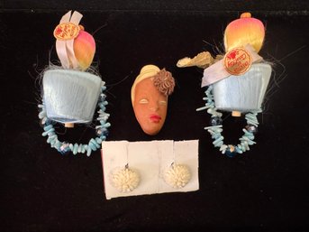 Old Stock Carved Vintage Earrings With Folk Art Pin And More