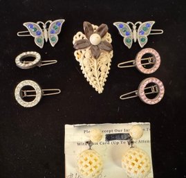 Old Stock Carved Vintage Earrings With Carved Plastic Pin And Little Barrets