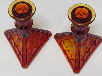 Pair Of Indiana Glass Tiara Constellation Pattern Candleholders
