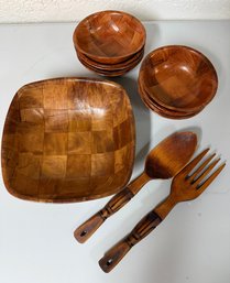 Mid Century Modern Salad Bowl Set Woven Wood Parquet