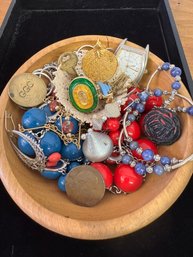 Wooden Bowl Of Bits And Bobbles With British Half Penny And More