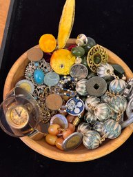 Wooden Bowl Of Costume Jewelry Coins Bits And Bobbles With Watch