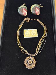 Vintage Carved Bone Earrings With Folk Shell Earrings And Newer Blingy Necklace