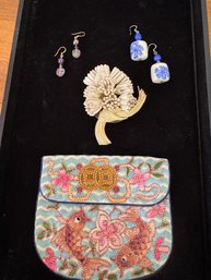 Embroidered Coin Purse With Vintage Plastic Pin And 2 New Pairs Of Earrings