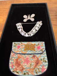 Vintage Embroidered Coin Purse With Bracelet And Butterfly Pendant Clip