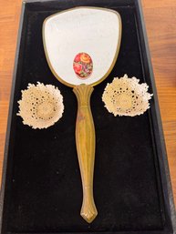 Vintage Hand Mirror With Doily Bowls And Pin