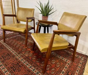 Mid Century Wood Framed Arm Chairs With Vinyl Upholstery