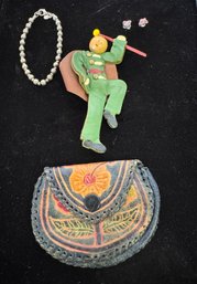 Vintage Leather Coin Purse With Leather Folk Pin Bracelet And Tiny Earrings