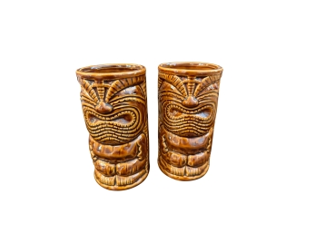 Glossy  Brown Germaines Luau Tiki Tumblers, A Pair