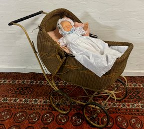 Vintage Wicker Baby Doll Carriage With Doll