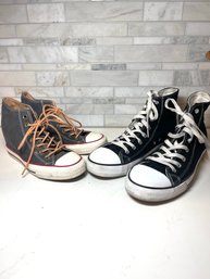 His & Hers Sneakers, Converse Gray Hidden Wedge (7) And Black High Top Sneakers (11)