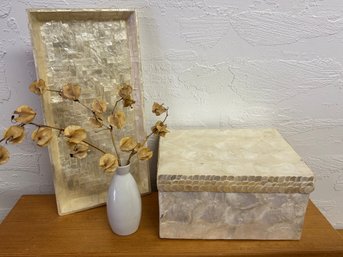Mother Of Pearl Tray & Box With Lid And A Cute Lil Vase