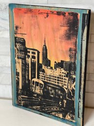 Amazing Mixed Media Art Piece On Wood,  Edgy Cityscape