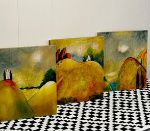 Brightly Colored And Signed Triptych, 3 Pc, 10 X 13 Each.