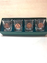 Celtic Shot Glasses.  Weighted Square W/ Copper Celtic Symbol, The Robert Emmet Co.
