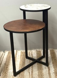 Two Tiered Side Table, Marble And Wood With Metal Base