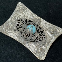 Stunning: Antique/Vintage Art Nouveau Filagree Brooch W/ Wrapped Blue Cabochon