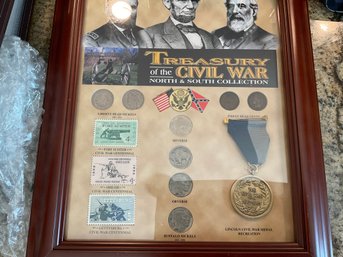 Framed Buffalo Nickels, Indian Head Penny And Liberty Head Nickel With Civil War Stamps