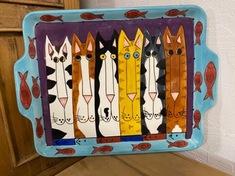 Colorful 2001 Catzilla Ceramic Tray By Candac Reitu 18x13 Inchs