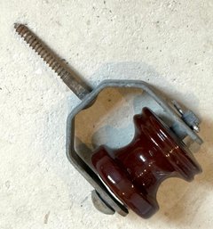 Brown Ceramic /Porcelain Spool Or Shackle Electrical Insulator W/ D Iron Clamp
