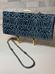 Blue Velvet Embroidered  Purse With Chain And Corded Strap.  10.5 X 5