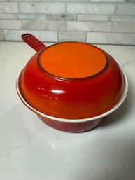 Vintage Descoware Enamel Cast Iron In Flame Orange, Saucepan And Skillet