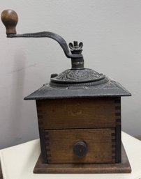 Antique Coffee Grinder, Cast Iron And Dovetailed Wood, One Drawer