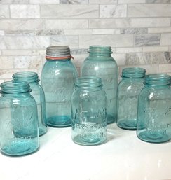 Vtg Blue Glass Ball And Atlas Mason Jars.  Quantity 7