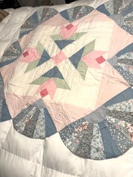Vtg Hand Stitched Quilt With Pastel Colors And Scalloped Edges.  45 X 45