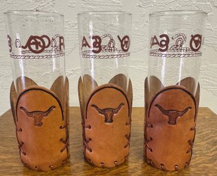 Vintage Libby Bamco Western Collins/ Ice Tea 7.5 Inch Glasses W/ Tooled Leather Holders