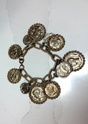 Vintage Gold  Toned Coin Bracelet :Coins Look To Be Roman Or Italian Inspired