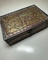 Brass And Copper Etched And Carved Trinket Box W/ Brass Hinges And Latch