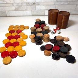 Vintage Game Pieces:   Rare Bakelite Pucks Wood Checkers And Dice