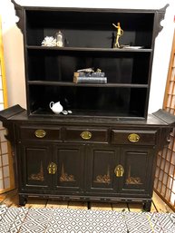 Mid Century Chinese Black Lacquer 2 Piece Buffet Set With Fine Carved Decore