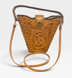 Vintage Tooled Leather Bucket Crossbody Bag