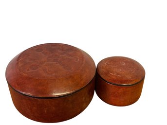 Set Of Two Embossed Leather Round Lidded Boxes