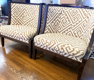 Barrel Chairs, A Pair!  Fabulous Geometric Pattern With Dk Wood Perimeter  & Splayed Legs